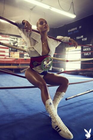 Shots of hairless lean damsel Vendela in boxing clothes and