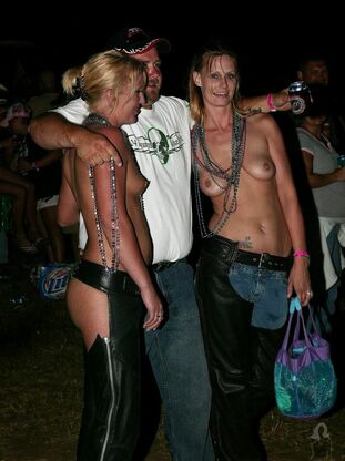 Nude frolic older woman, spectacular party, public nudity.