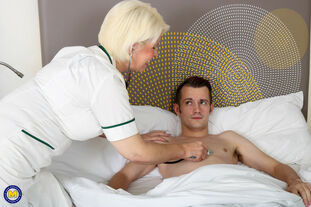 Mature nurse with blondie hair entices a stud while he's ill