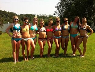 A gang of teenage models posing in bathing suit..
