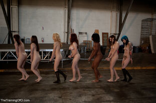 Lined up nubiles in cuffs getting unclothed by their