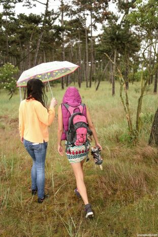 Teen dykes take a hike in the rain to have uninterrupted